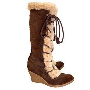 Nine West  Faux Fur Wedge Lace Up Tall Boots | Brown